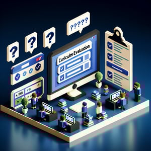 3D voxel art depicting online surveys, emphasizing curriculum evaluation for teachers.