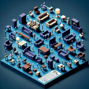 3D voxel art depicting online furniture surveys against a dark blue background.