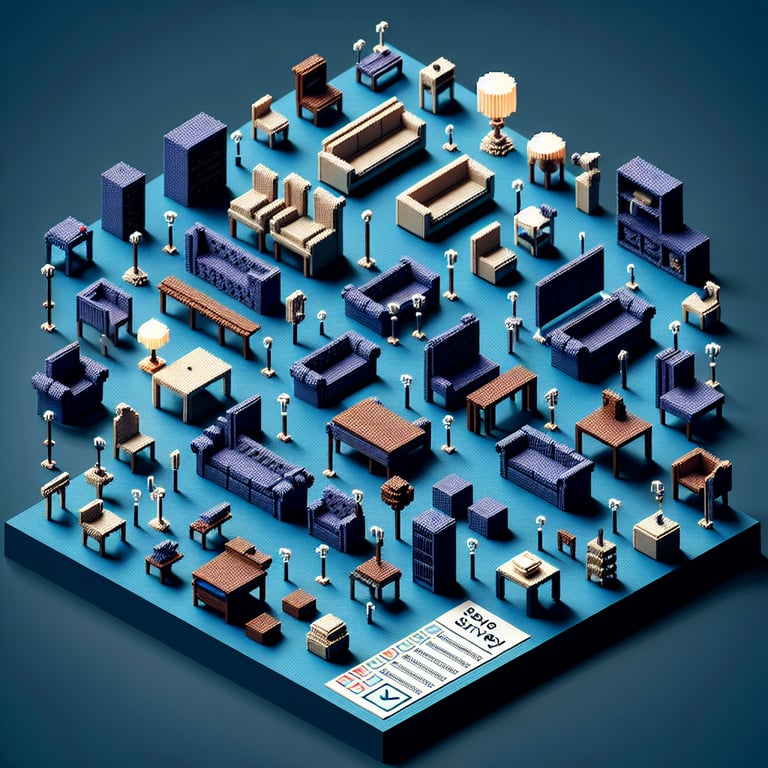 3D voxel art of furniture feedback poll on dark blue background