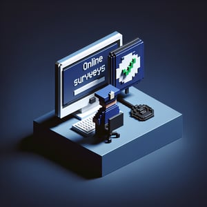 3D voxel art depicting online law enforcement surveys on a dark blue background.