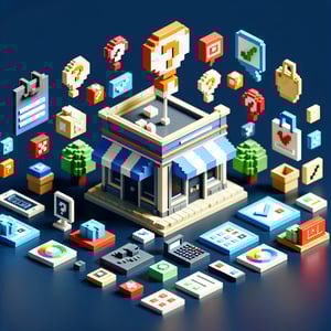 3D voxel art depicting online surveys, ideal for a landing page about store owner surveys, on a dark blue background.