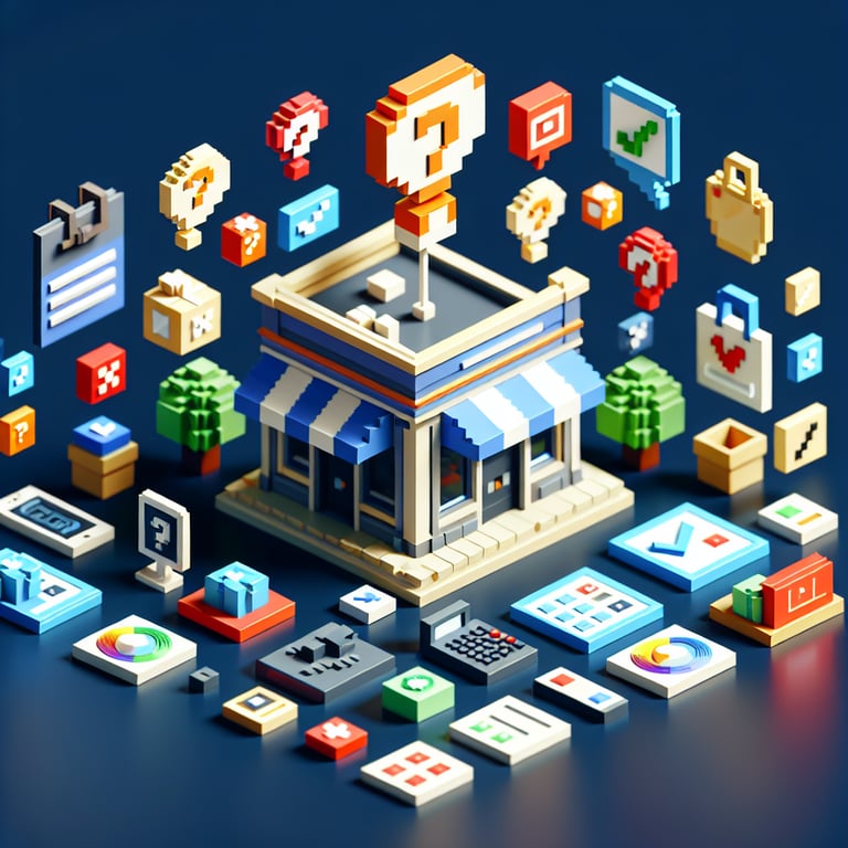 3D voxel art depicting online surveys, ideal for a landing page about store owner surveys, on a dark blue background.