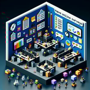 3D voxel art depicting fun office surveys with engaging elements on a dark blue background.
