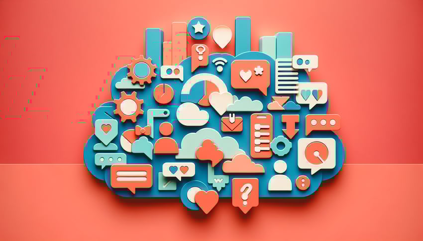 Paper-cut style illustration depicting diverse feedback questions for presentations and speakers.