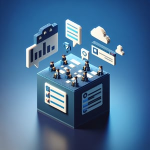 3D voxel art depicting online surveys, symbolizing internal customer satisfaction surveys on a dark blue background.