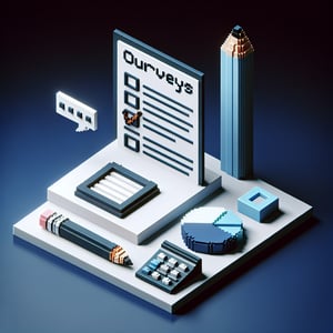 3D voxel art depicting the concept of creating survey questions, set against a dark blue background.
