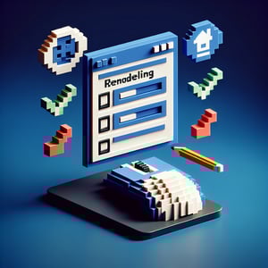3D voxel art depicting online remodeling survey process on a dark blue background.