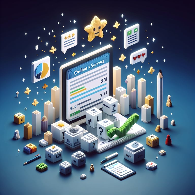 Artistic 3D voxel illustrating feedback form with star ratings