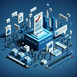 3D voxel art depicting the concept of online employee value proposition surveys on a dark blue background.