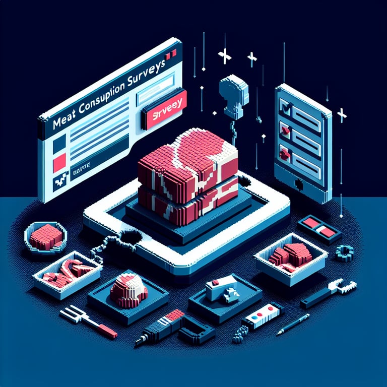 3D voxel art depicting online survey concept, themed around meat consumption, on a dark blue background.