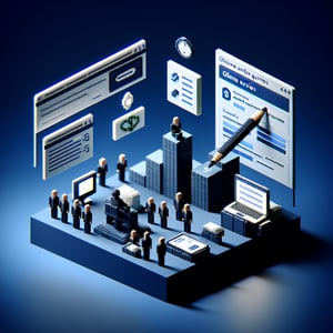 3D voxel art depicting online surveys about economic status on a dark blue background.