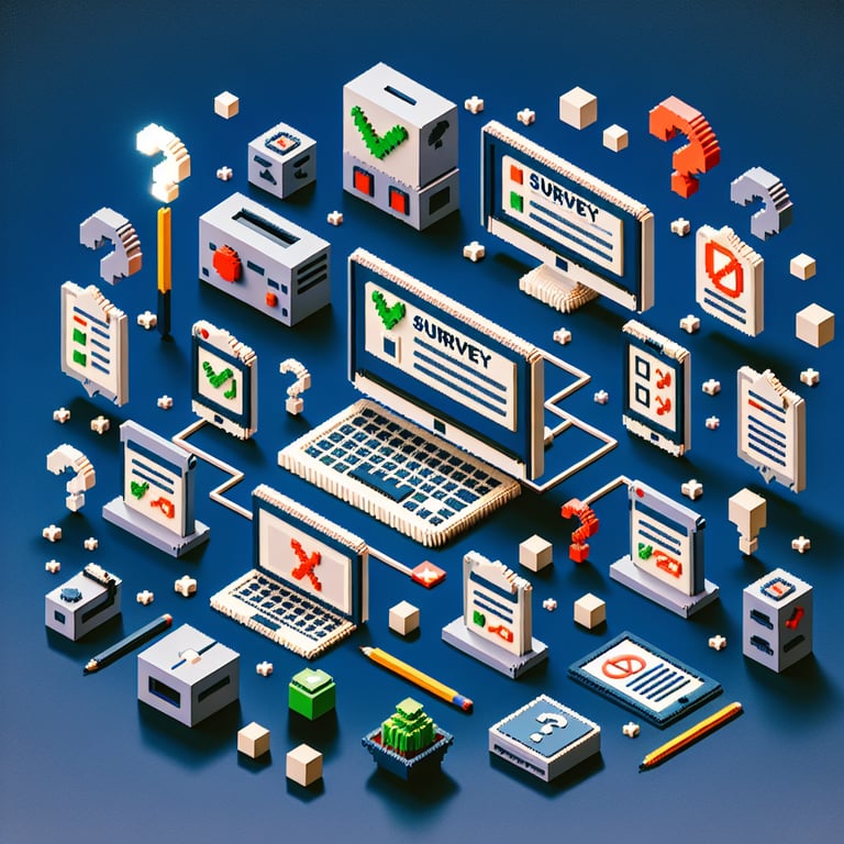 3D voxel art depicting online surveys concept on a dark blue background for Access PI survey.