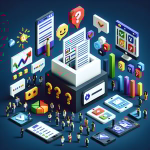 3D voxel art depicting the concept of engaging online surveys, set against a dark blue background.