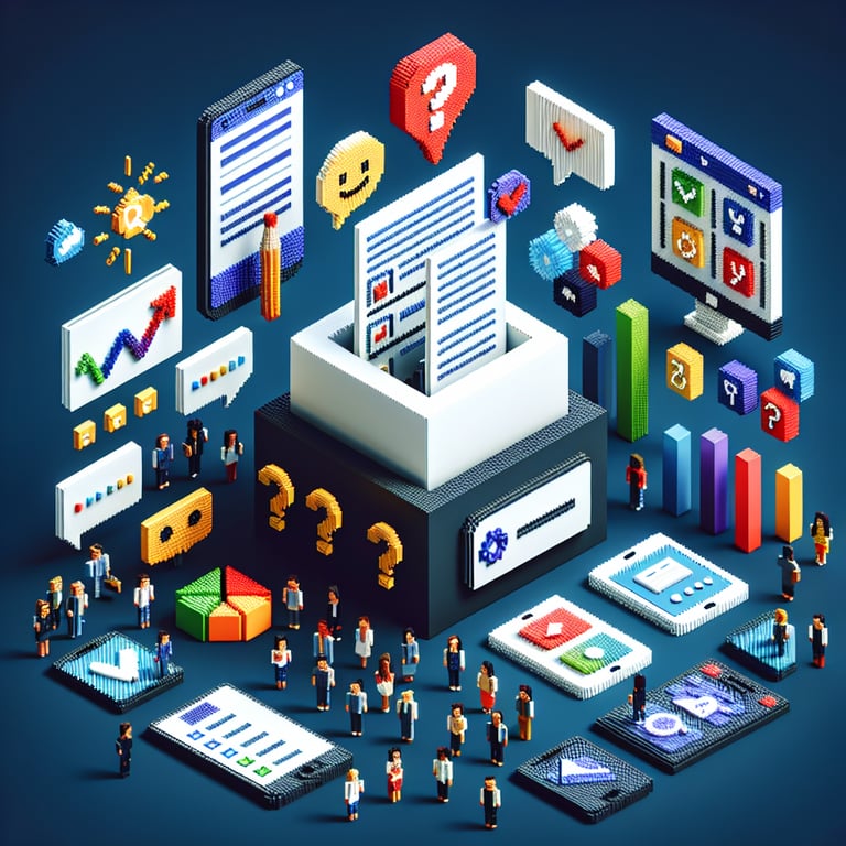 3D voxel art depicting the concept of engaging online surveys, set against a dark blue background.
