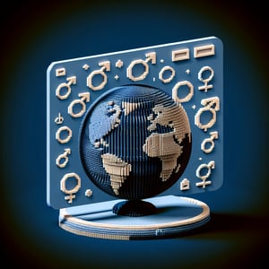 3D voxel art depicting online gender identity survey, with a dark blue background.