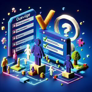 3D voxel art depicting online survey concept on a dark blue background, related to child marriage studies.