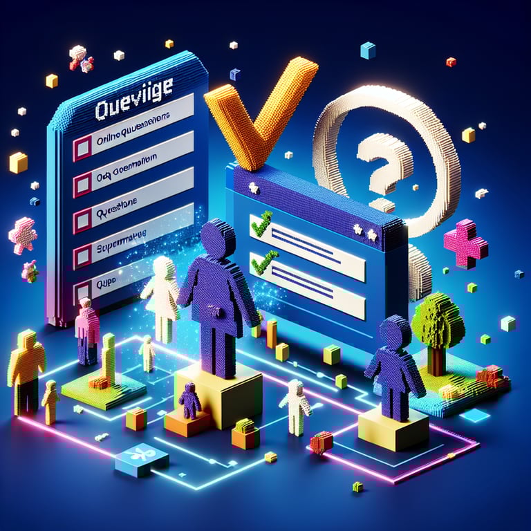 3D voxel art depicting online survey concept on a dark blue background, related to child marriage studies.