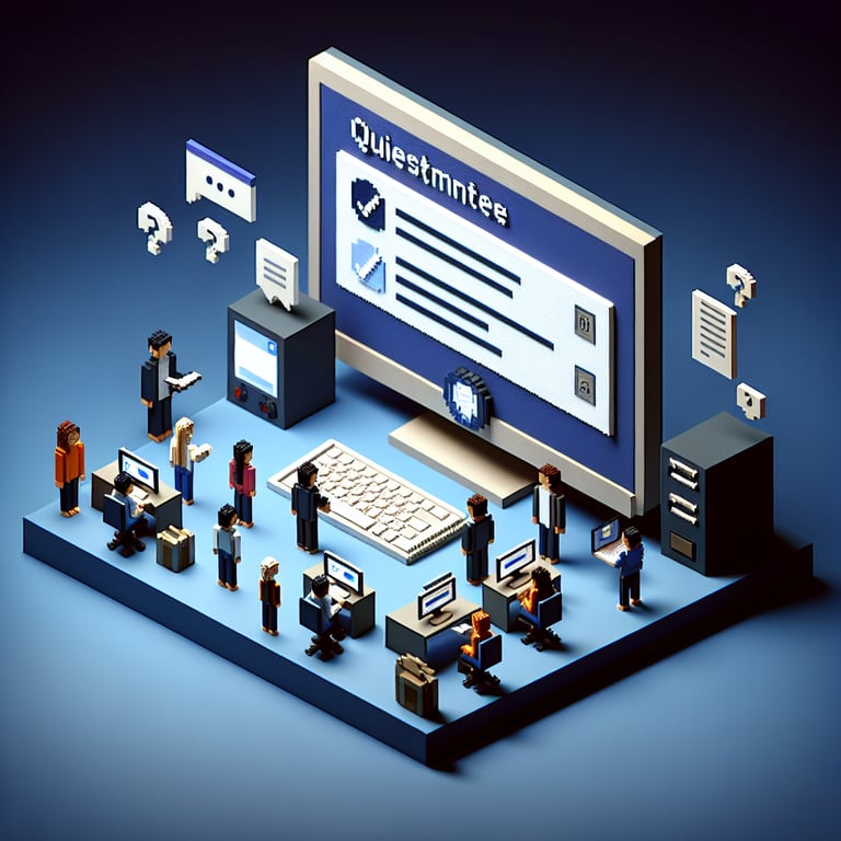 3D voxel art depicting the concept of online aaahc surveys on a dark blue background.