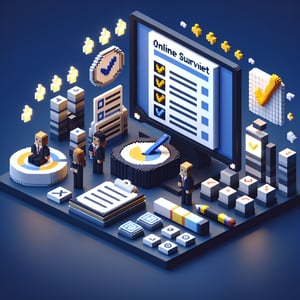3D voxel art depicting online surveys with a dark blue background to represent customer satisfaction.