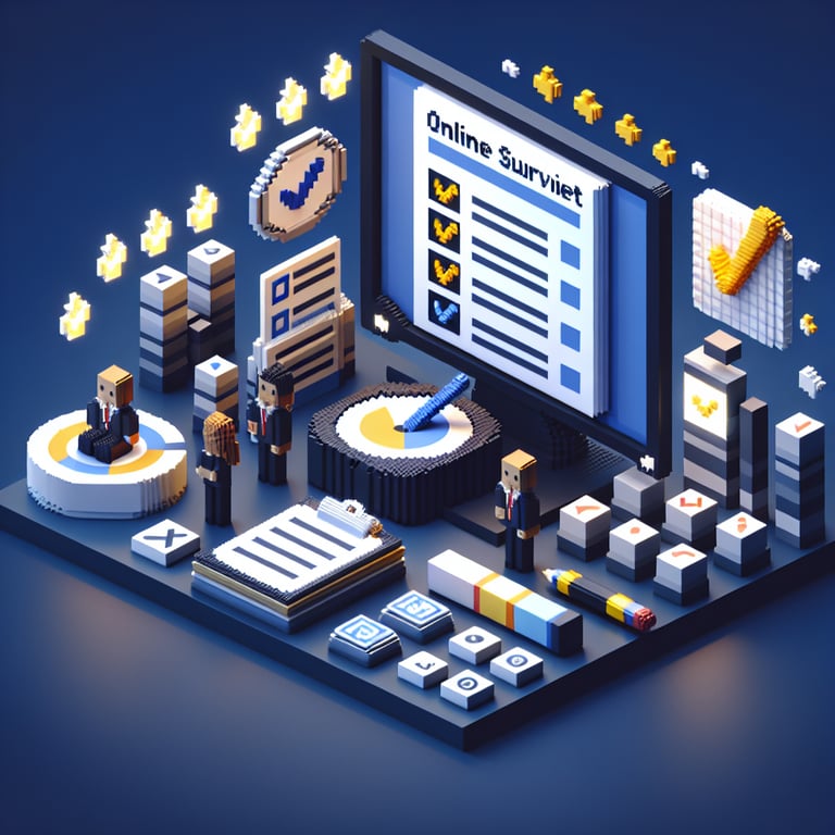 3D voxel art depicting online surveys with a dark blue background to represent customer satisfaction.