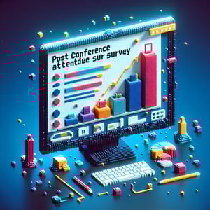 3D voxel art depicting the concept of online post-conference attendee surveys on a dark blue background.