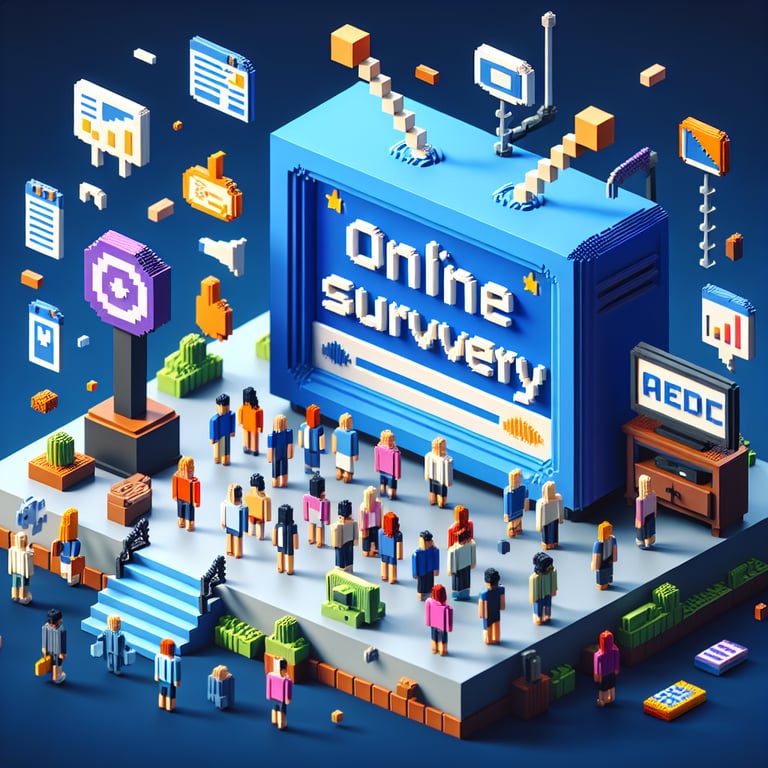 3D voxel art depicting online surveys about TV exposure, set against a dark blue background.