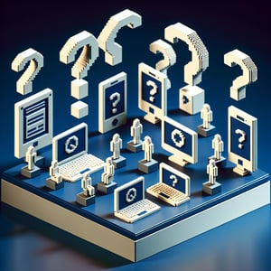 3D voxel art illustrating the concept of online surveys for new software applications on a dark blue background.