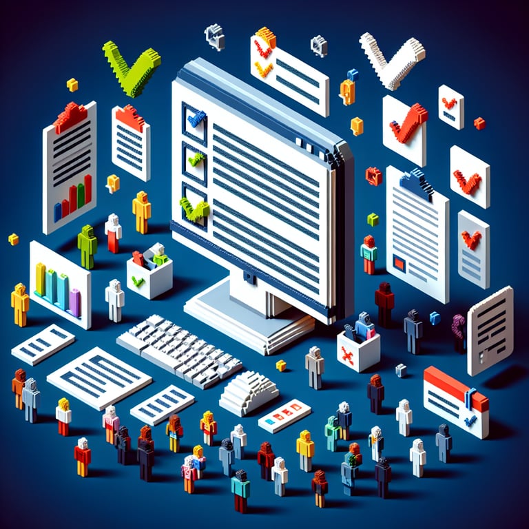 3D voxel art depicting online market survey process on a dark blue background.