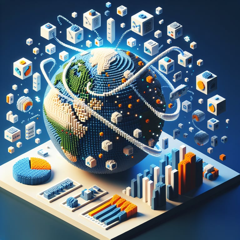 Artistic 3D voxel graphic illustrating dynamic engagement in a possible customer survey