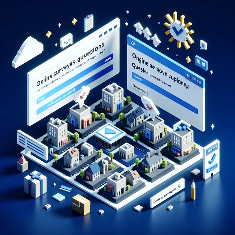 3D voxel art depicting online property management surveys on a dark blue background.