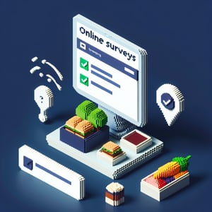 3D voxel art depicting online food vendor survey concept on a dark blue background.