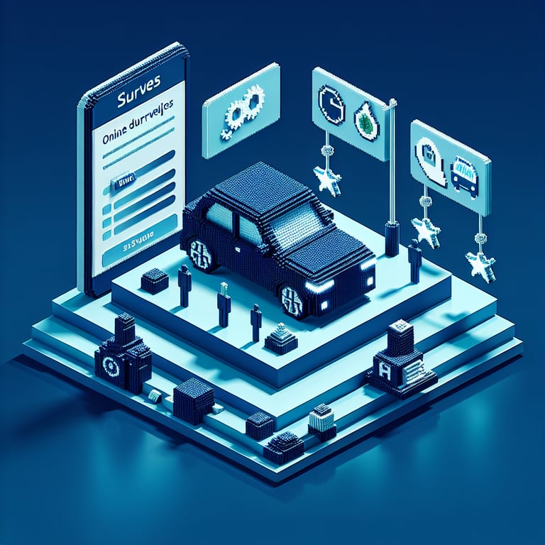 3D voxel art depicting online car dealership surveys on a dark blue background.