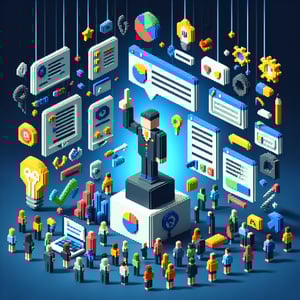 3D voxel art depicting the concept of engaging online post-course surveys on a dark blue background.
