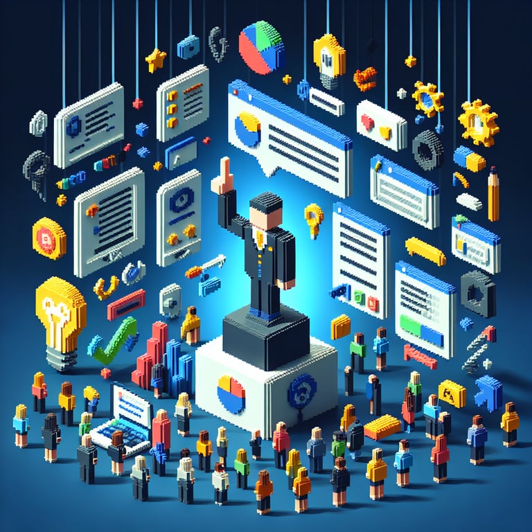 3D voxel art depicting the concept of engaging online post-course surveys on a dark blue background.