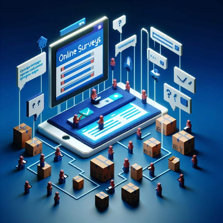 3D voxel art depicting online employee relocation survey concept on a dark blue background.