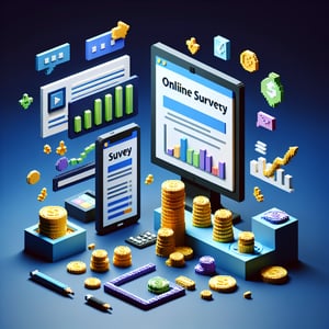 3D voxel art depicting the concept of online budget process survey questions on a dark blue background.
