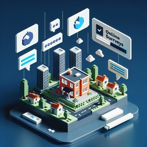 3D voxel art depicting online housing composition surveys with a dark blue background.