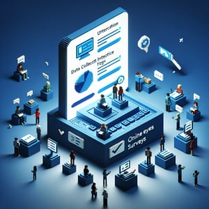 3D voxel art depicting online UX surveys on a dark blue background.