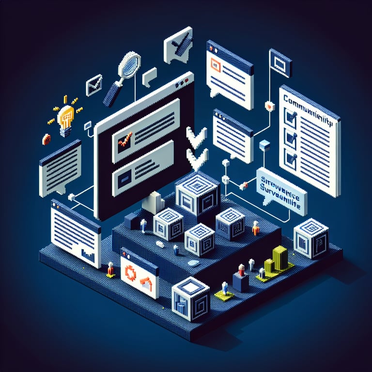 3D voxel art depicting online surveys, set against a dark blue background, representing community practice surveys.