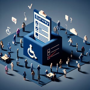 3D voxel art depicting online disability surveys, featuring engaging elements on a dark blue background.