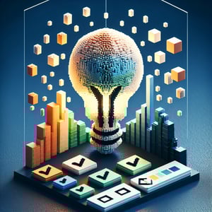 3D voxel art depicting online surveys, with emphasis on Texas energy, on a dark blue background.