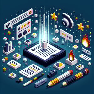 3D voxel art depicting online surveys concept on a dark blue background.