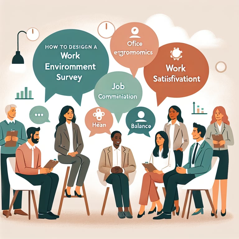 Illustration of key topics to explore in your Work Environment Survey survey questions.