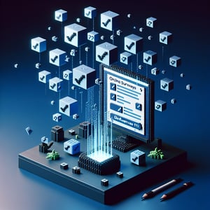 3D voxel art depicting online influencer surveys on a dark blue background.