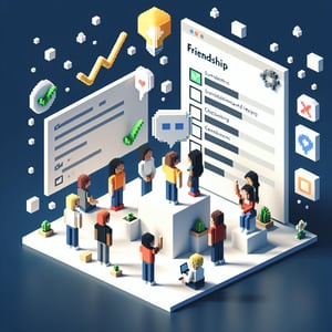 3D voxel art depicting online friendship surveys, with engaging elements on a dark blue background.