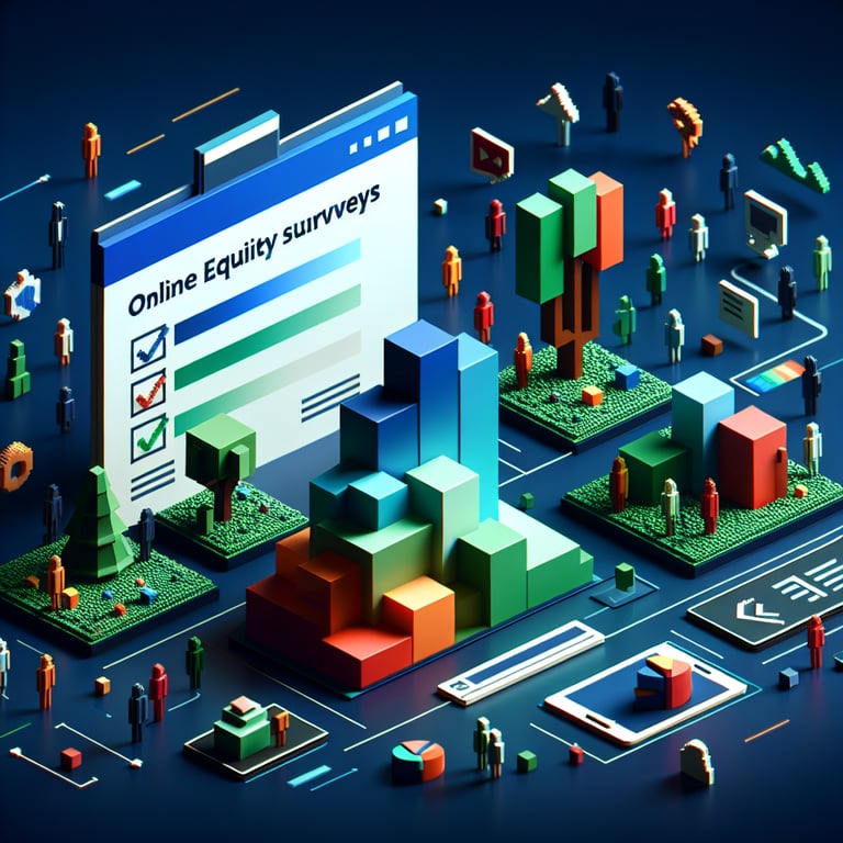 3D voxel art depicting the concept of online equity survey questions on a dark blue background.
