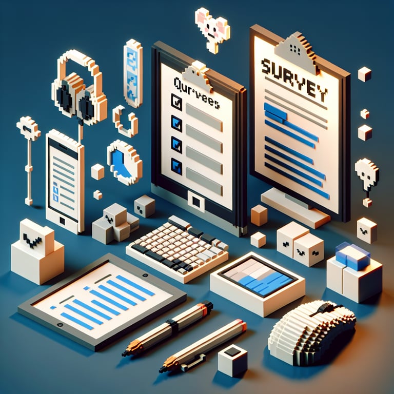 3D voxel art depicting online surveys with elements symbolizing electronic devices, on a dark blue background.