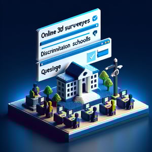 3D voxel art depicting online surveys on school discrimination on a dark blue background.