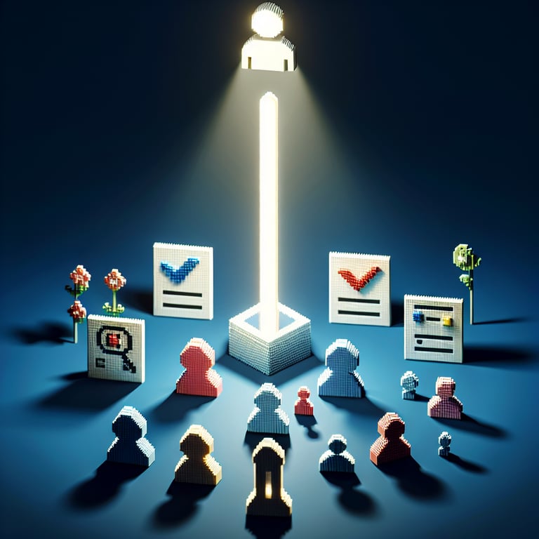 3D voxel art depicting the concept of online national student engagement surveys on a dark blue background.