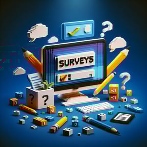 3D voxel art depicting online surveys, targeting gen z, on a dark blue background.
